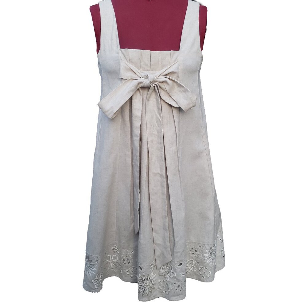 Ranna Gill Shift Dress Beige Linen Sleeveless Bow Tie Front Pleated Short Small